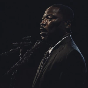 "Standing resolutely at the podium, Martin Luther King Jr. addre...