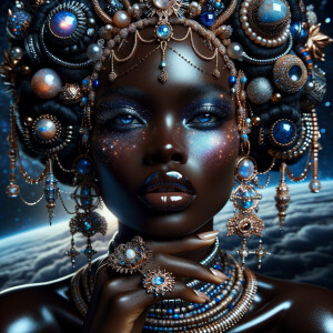 "Create a portrait of a regal African-American woman with an ethereal and cosmic theme. Her skin is a glossy ebony, with a smooth and flawless finish that reflects light. Her eyes are a striking electric blue, like sapphires, with a makeup that accentuates their shape and the intensity of their color. Her hair is styled into an intricate array of braids, coils, and twists that cascade down and frame her face, adorned with beads and jewels that catch the light. She wears an elaborate headdress made of swirling patterns and motifs that evoke the mysteries of the universe, studded with shimmering stones and intricate enamel work in hues of blue and gold. Her attire consists of a cascade of layered necklaces and a majestic, shoulder-grazing earring, each piece detailed with a mix of precious stones, metals, and intricate beadwork. The background is a tapestry of stars and nebulas, suggesting a connection to the cosmos. Her pose is serene, with a hand gracefully touching her chin, adorned with rings that complement her other jewelry, all coming together to suggest an aura of wisdom and grace."