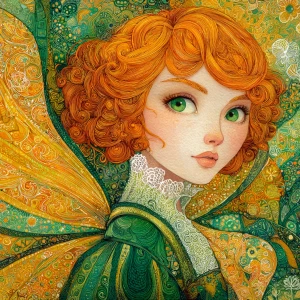 An enchantingly eccentric fairy, her golden wings shimmering wit...