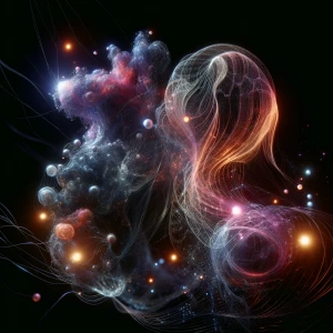 Floating organic shapes intertwined with neon light trails, futu...