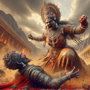 portrait of angry looking, muscular beautiful goddess durga carrying a short weak mahishasur and stabbing him with her red fingernails. She is wearing diamond saree, diamond armor, a huge diamond crown, abundant diamond jewelry. The scene is set in a dry landscape.  blood everywhere. The image is 8K resolution, cinematic, ultra detailed face and epic.