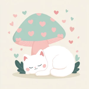 cute chubby white cat sleeping under a pastel pink mushroom with...