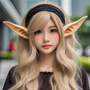 Very young girl with long very blonde hair, black headband, anim...