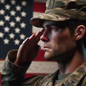 zoom in on an American soldier saluting to the American flag. th...