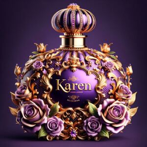 Craft an image of an ornate perfume bottle, with a luxurious design featuring purple roses and intricate gold detailing. At the center of the bottle, include an elegant, raised gold script that spells out the name 'Karen'. The bottle should exude opulence with a jeweled crown-like cap and a background that suggests sumptuousness and sophistication. The script should be harmonious with the lavish design, standing out against the purple and gold palette.