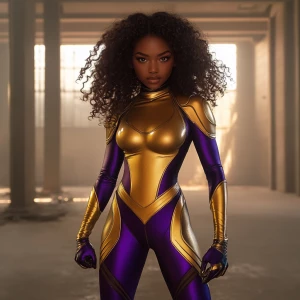 A wide camera angle of a superheroine that stands with commandin...