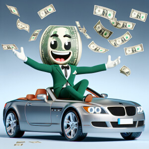 An anthropomorphic dollar bill character, clad in a tailored gre...