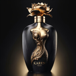 Design, a black and gold perfume bottle in the shape of a woman’s body with flowers and the name Karen