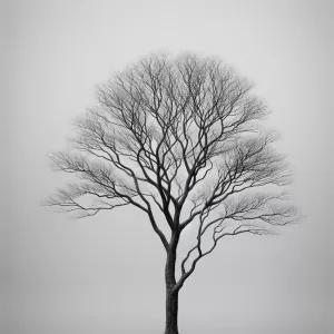 Ein kahler Baum vor einem grauen Himmel.