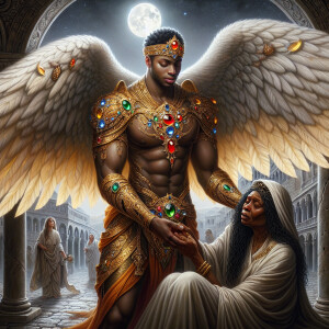 Create an oil painting image featuring a male angel and a grievi...