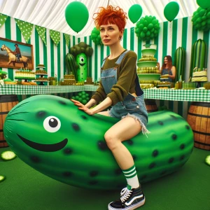 Pickle themed Birthday party! Pickle! Woman with short red hair...
