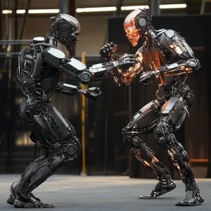 Visualize an intense battle between two humanoid robots, each po...