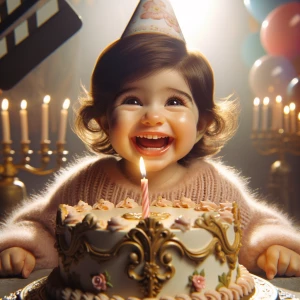Generate a cinematic pause of a baby girl celebrating her birthd...