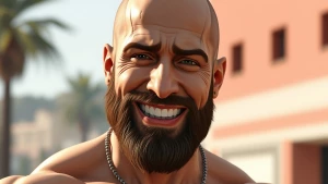 White muscular thin man with beard, big chin, smile and cheekbon...