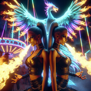 2 female twin fire breathers, psychedelic carnival in Texas, fla...