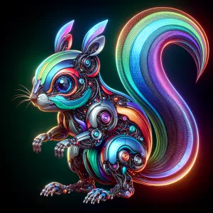Create an image of a cybernetic squirrel with metallic fur that...
