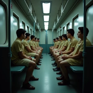 Side view inside a jail van with Caucasian young male inmates se...