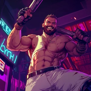 White muscular thin man with beard, big chin, smile and cheekbon...