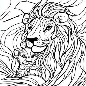 Create a coloring page design with thick lines, featuring a lion...