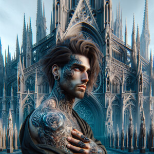 Brown Headed Gothic Man with Tattoos with a Cathedral in the bac...