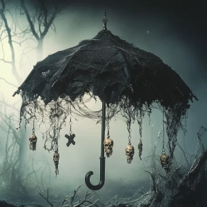 Imagine a macabre umbrella with a handle shaped like a skeletal...