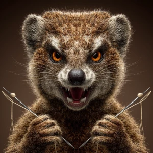 A anthropomorphic mongoose with a wild, crazy smile and intense...