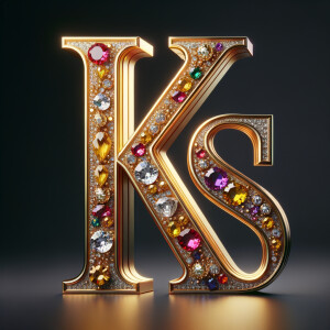 Create a 3-D realistic image with the letters  K.S. in gold raised letters , Add diamonds and colorful jewels