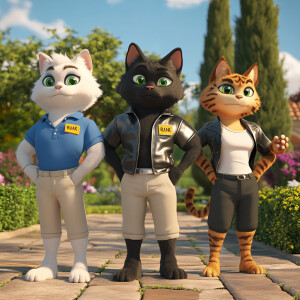 Image is a 3d animation featuring three anthropomorphic cats sta...