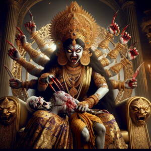 portrait of angry looking goddess durga sitting on a gold crown...