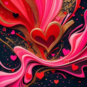 "Imagine an explosion of vibrant, swirling colors merging in an abstract dance of red, pink, and gold. Heart shapes subtly emerge and dissolve within the strokes, while intricate patterns symbolize love and connection. Flecks of light sparkle throughout, embodying the warmth and passion of Valentine's Day." Neon color palette