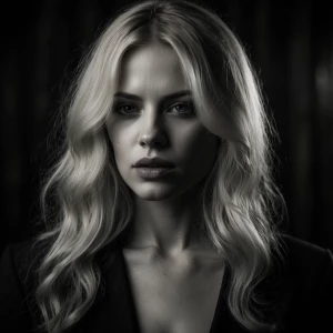 A woman in noir movie style, portrait, realistic. Blonde, high d...