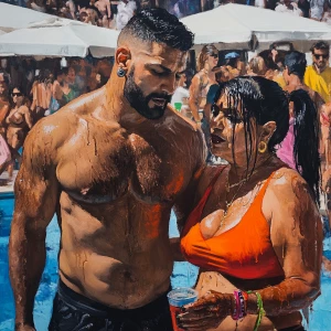 realism oil painting,a muscular beefy sweaty man  walking with h...