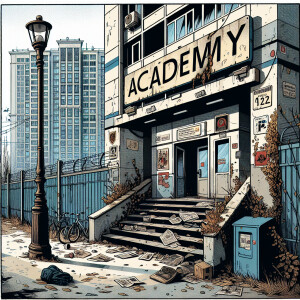 Create a comic book style drawing or image showing the entrance...