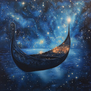 A radiant celestial gondola glides peacefully through a cosmic s...