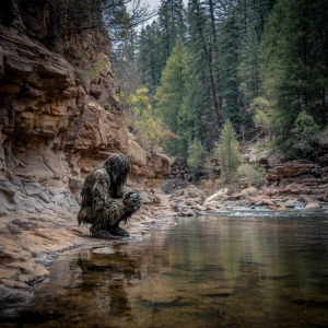 A humanoid looking hair covered sasquatch on its knees dri king...
