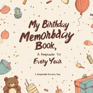 A soft, warm cream-colored background with a subtle paper-like texture. The main title, "My Birthday Memory Book," is centered in large, handwritten-style font in deep brown. Below it, in smaller serif font and in muted gold, is the subtitle: "A Keepsake to Remember Every Year." Surrounding the title are hand-drawn doodles in warm pastel tones (soft pink, muted blue, gentle yellow): a small baby rattle in the top left, a teddy bear sitting at the bottom left, a tiny birthday cake with a candle in the bottom right, and a floating balloon in the top right. Dotted lines in light brown gently connect these elements, creating a trail-like pattern. The cover is minimalist, with soft shadows to add depth but no harsh contrasts.