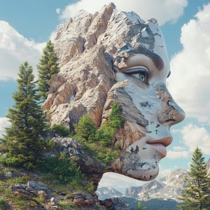 Create a 3D 8K UHD photorealistic image of a beautiful face formed by Rocky Mountain landscapes and wildlife scenes, with extreme professional detail and a homogenized, cohesive aesthetic.