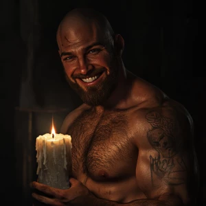 White muscular thin man with beard, big chin, smile and cheekbon...