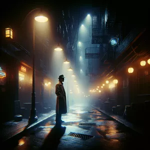 In the dimly lit alleyway, a lone figure stands under flickering...