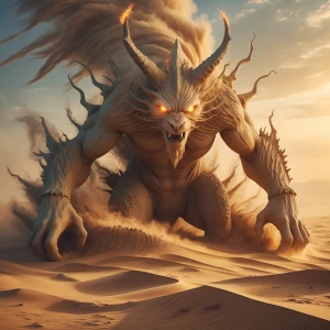 A massive sandstorm twisting into the form of a mythical desert...