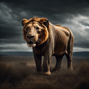 Create an image of an Elephlion, a fierce hybrid with the body o...