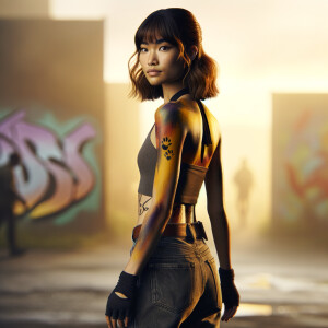 Athletic Thin skinny Attractive, Asian teenage girl, long brown hair and bangs, wearing tight skinny jeans and a halter top paint marks on her clothing, heroic pose Asian graffiti background, backside view