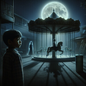 Night. An abandoned playground. There is a boy standing next to...