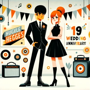 ‘Happy 19th Anniversary!’ Written
A 60s mod vibe with a tan male...