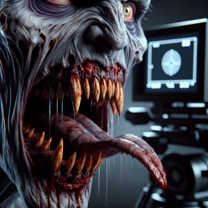 A terrifying zombie with a gaping, elongated mouth filled with r...