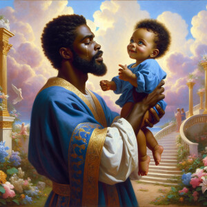 Classical oil painting style depicting an African-American Jesus...