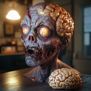 A zombie looking for his brain,  egxrated confused look on zombi...