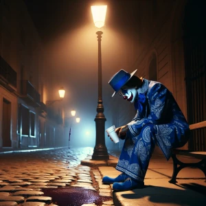 "Under  a dimly lit streetlight, a gangster clown stands alone,...