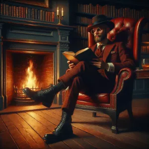 An oil painting style scene with darker, muted nighttime colors....