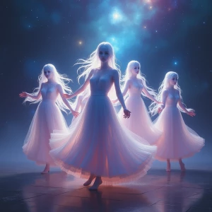 In the ethereal twilight of a space nebula, spectral beings danc...